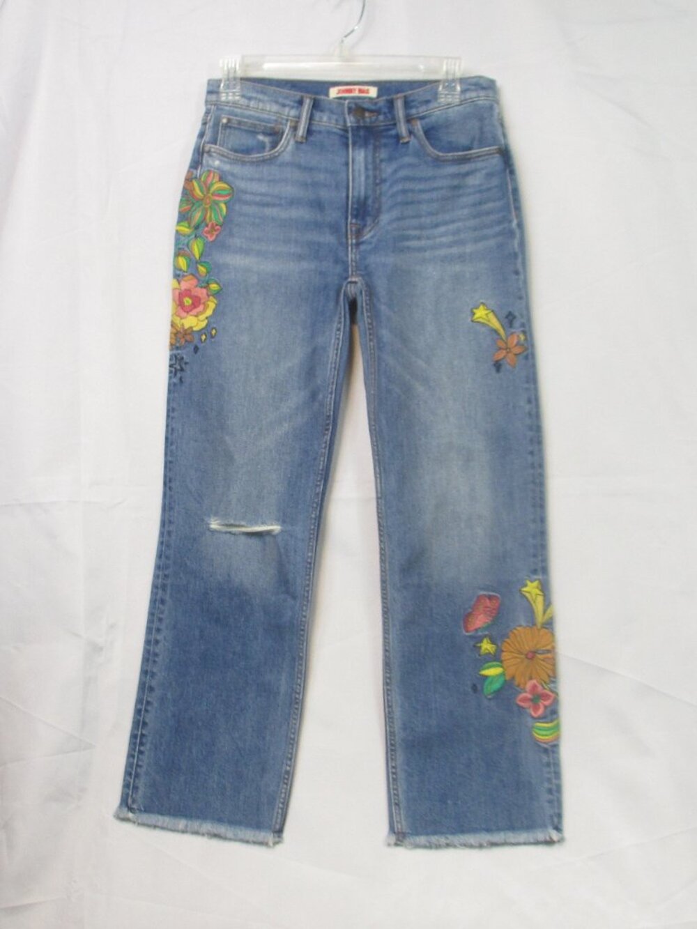 Johnny Was Cropped Baby Boot Jeans Floral Embroidered Mid Rise Womens 26 Raw Hem